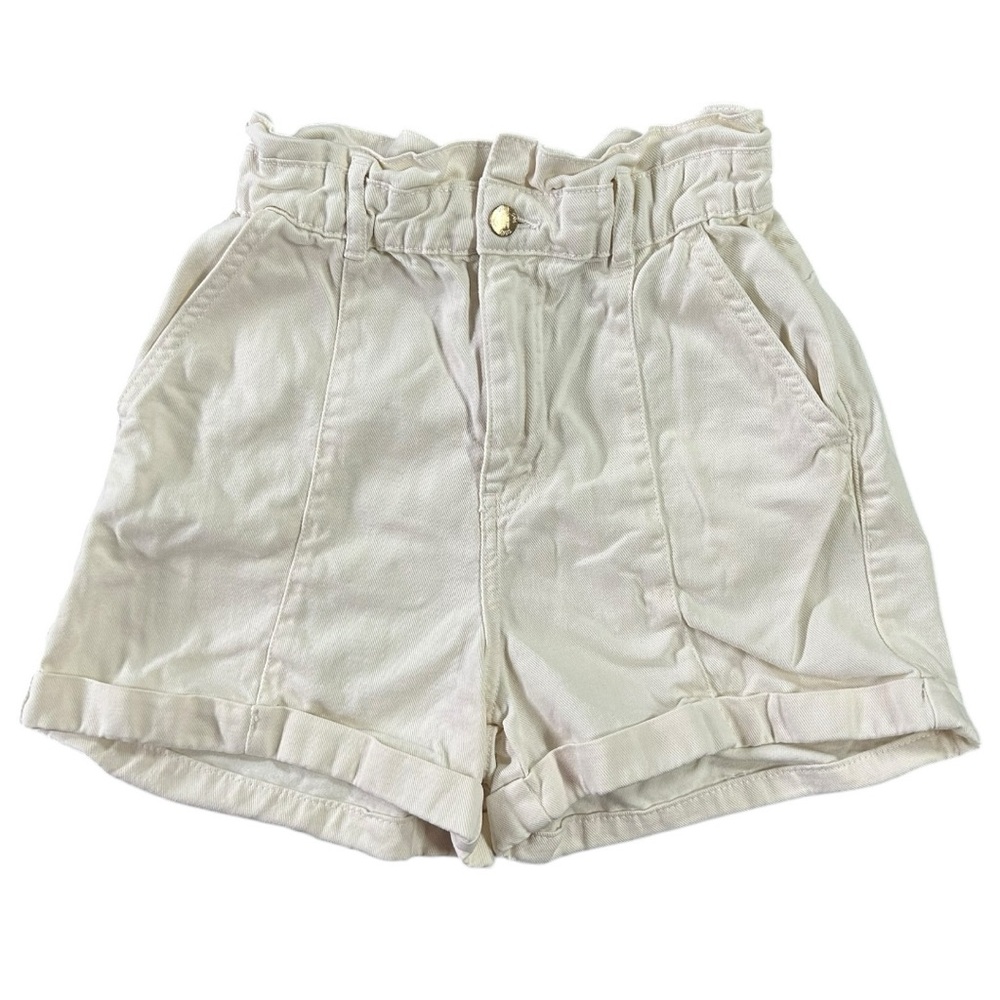 Zara Women's High Waisted Paper Bag Pleated Cream Shorts  Sz‎ 2